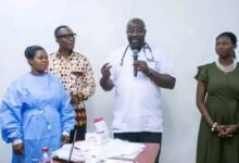 • Dr Adomako Kissi (second from right) addressing the participants. With him include Dr Appiah (right) and Mr Ambrose Tsegah, (second from left) MCE, Ga Central