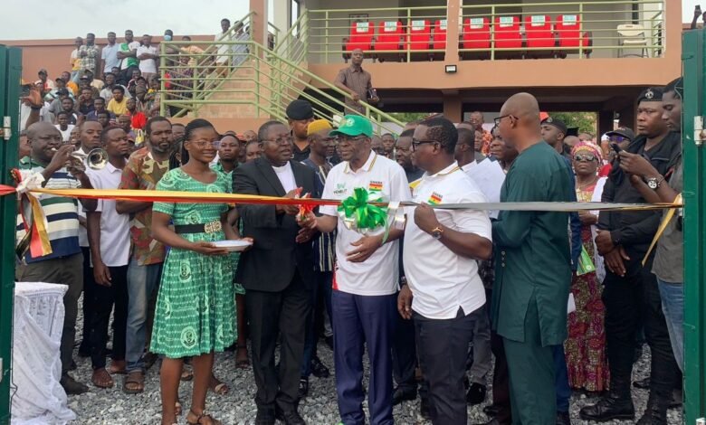 Mr Alban Sumana Kingsford Bagbin (middle) being assisted by Rev. Fr. Peter Paul Yelletuo (second from left) to commission the facility