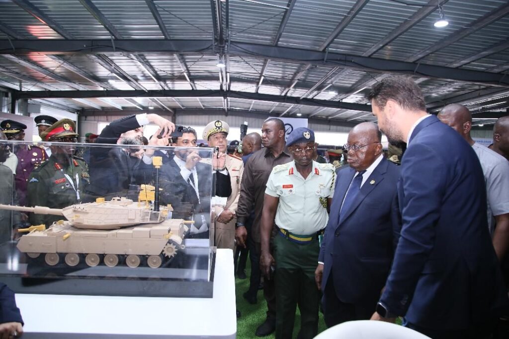 • President Akufo-Addo (second from right) is briefed by Deniz Yilmaz, Regional Manager Africa, Aselsan (right) on some