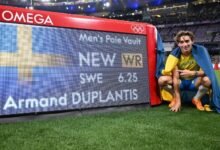 • Duplantis pose with the timer displaying his new record at the Stade de France