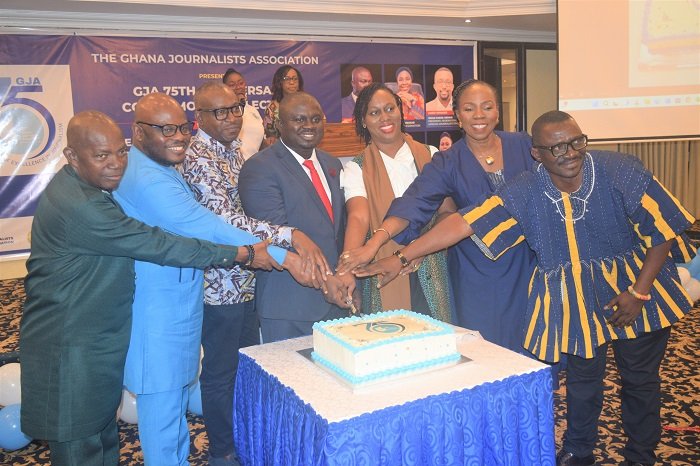 • Albert Kwabena Dwumfour (middle) cutting the anniversary cake with other dignitaries Photo: Stephanie Birikorang