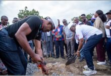 • Mr Okraku (right) and his Vice, Mark Addo, cutting the sod to mark commencement of the project