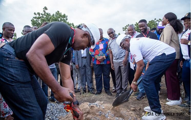 • Mr Okraku (right) and his Vice, Mark Addo, cutting the sod to mark commencement of the project