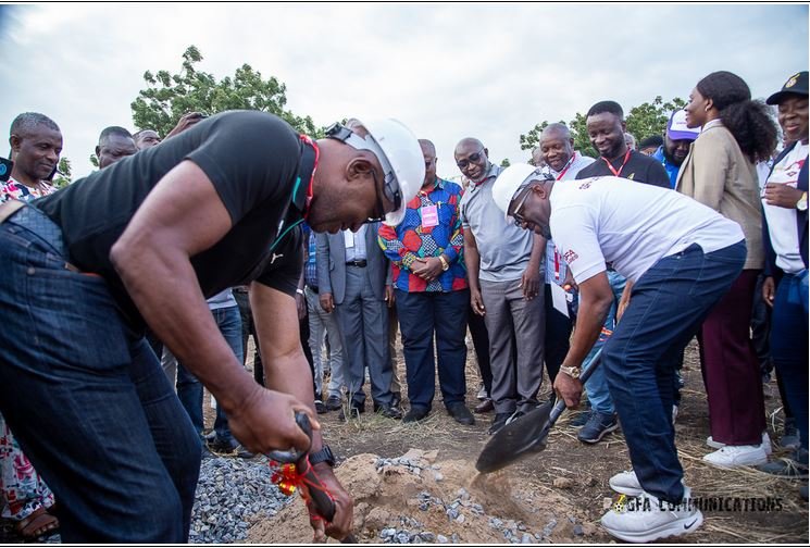 • Mr Okraku (right) and his Vice, Mark Addo, cutting the sod to mark commencement of the project