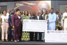 • President Akufo-Addo (seventh from right) with the winners of the Presidential Pitch. With them is Kofi Owusu Nkansah (third from right) and others