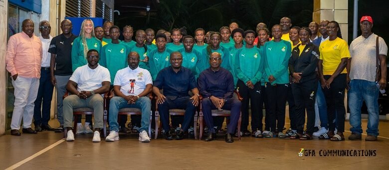 • The Minister of Youth and Sports, Mustapha Ussif (seated second right), Kurt Okraku and his vice, Mark Addo (seated right), were part of a delegation that met the team before departure