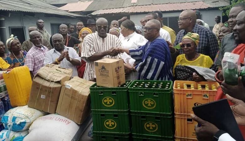 • Mr Titus-Glover (fourth from left) presenting some of the items to Nii Dodoo Nsaki ll, Otubluhum Mantse Photo: Seth Osabukle