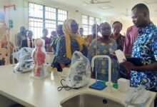 • Dr Juliette Dufie Otami (middle) and Fairuza Safian demonstrating the usage of the laboratory equipment