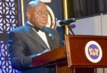 • President Akufo-Addo (inset) speaking at the GJA awards Photo: Stephanie Birikora