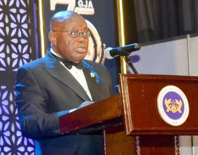 • President Akufo-Addo (inset) speaking at the GJA awards Photo: Stephanie Birikora