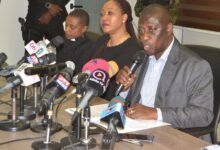 • Flashback: Mr Samuel Tettey (left) addressing the press. With him are Mrs Jean Mensa (middle) and other dignitaries