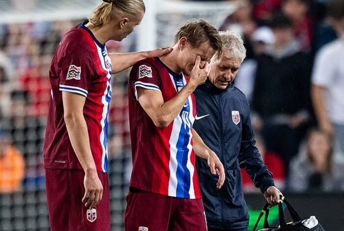 • Martin Odegaard (middle) walking off the pitch after the injury