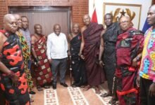 • President Akufo-Addo (middle) with the delegation from Nkusunkum Traditional Area after their meeting