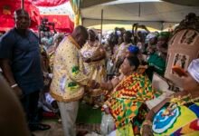 • Nana Afrakoma II (right) welcoming President Akufo-Addo to the durbar grounds