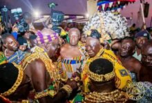 • Osabarima Kwesi Atta II (left) welcoming Asantehene, Otumfuo Osei Tutu II to the durbar grounds