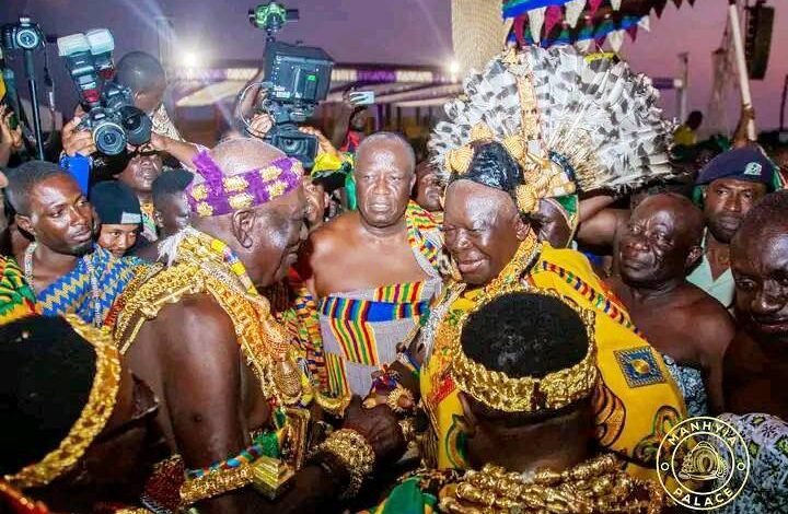 • Osabarima Kwesi Atta II (left) welcoming Asantehene, Otumfuo Osei Tutu II to the durbar grounds