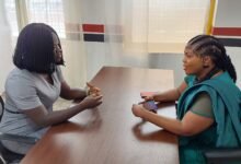 • Our reporter (left) interviewing the PNP flagbearer, Ms Janet Nabla