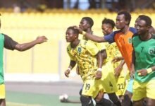 • Tweneboah (19) being mobbed by team mates after the goal Photo Raymond Ackumey