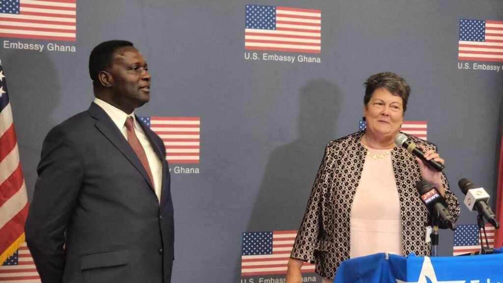 • Amb. Virginia Palmer (right) speaking at the fair. With her is Dr Yaw Osei Adutwum