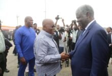 President Akufo-Addo (second from left), shaking hands with Robert Beugre Mamabe , Prime Minister of Ivory Coast after the inauguration of the African Bitumen Plant in Tema