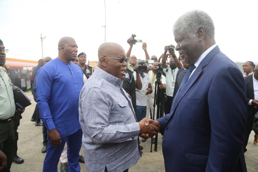 President Akufo-Addo (second from left), shaking hands with Robert Beugre Mamabe , Prime Minister of Ivory Coast after the inauguration of the African Bitumen Plant in Tema