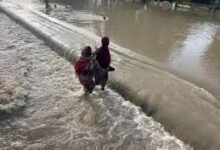 • Residents walk as they leave the flooded areas in Maiduguri