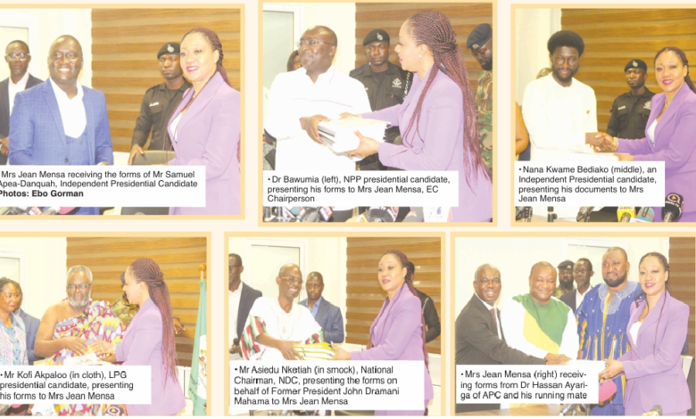 • Dr Bawumia (left), NPP presidential candidate, presenting his forms to Mrs Jean Mensa, EC Chairperson