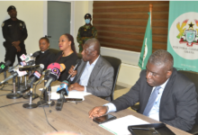 Mr Samuel Tettey (second from right) addressing the press. With him are Mrs Jean Mensa (second from left) and other dignitaries Photo: Victor A. Buxton