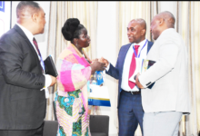 • Dr Efua Commeh (second from left) interacting with Prof. Kwaku Poku Asante (second from right).With them are Prof. Gordon Awandare (right) and Prof. Alfred Yawson,Provost ,CHS Photo: Seth Osabukle