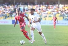 • Antoine Semenyo is challenged in this scene by Mohamed Mohamoud of Sudan (left)