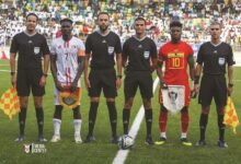 • Black Stars skipper Mohammed Kudus (2nd right) pose with Sundanese captain Ramadan Adab (2nd left) and match officals before the game