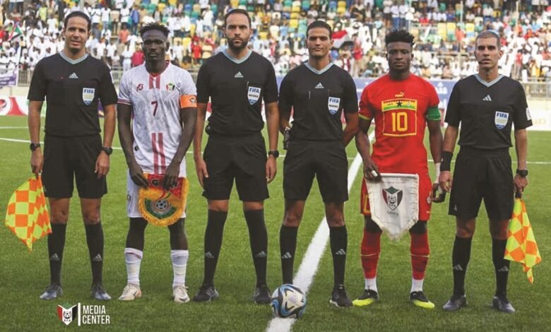 • Black Stars skipper Mohammed Kudus (2nd right) pose with Sundanese captain Ramadan Adab (2nd left) and match officals before the game