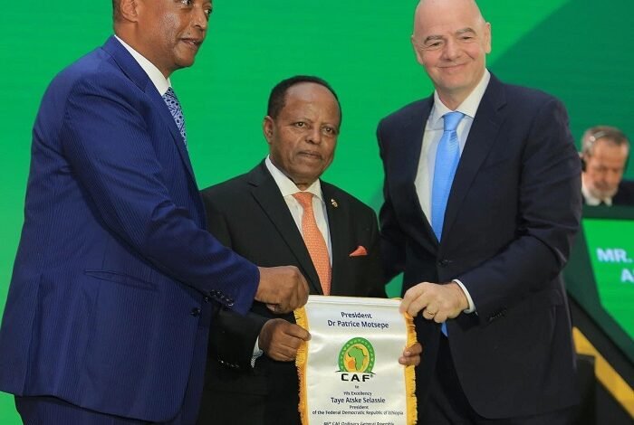 • Ethiopian president Taye Atske Selassie (middle) flanked by CAF president Dr Patrice Motsepe (left) and FIFA president Gianni Infantino