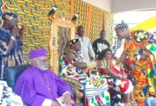 Nene Korabo IV welcoming Nene Okukrubour Akwesi Agyemang IV (right) to the durbar grounds