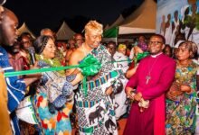 • Mrs Rebecca Akufo-Addo (second from left) assisted by NiiTackieTeikoTsuru II to cut the tape to open the facility