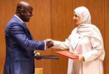 • Mr Kojo Oppong Nkrumah (third from right), Ms Fatimatu Abubakar (fourth from left) with other dignitaries after the presser Photo: Stephanie Birikorang