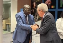 • Dr Mohammed Amin Adam (left) exchanging pleasantries with Robert Taliercio O’Brien, World Bank Country Director, Ghana, Liberia, and Sierra Leone