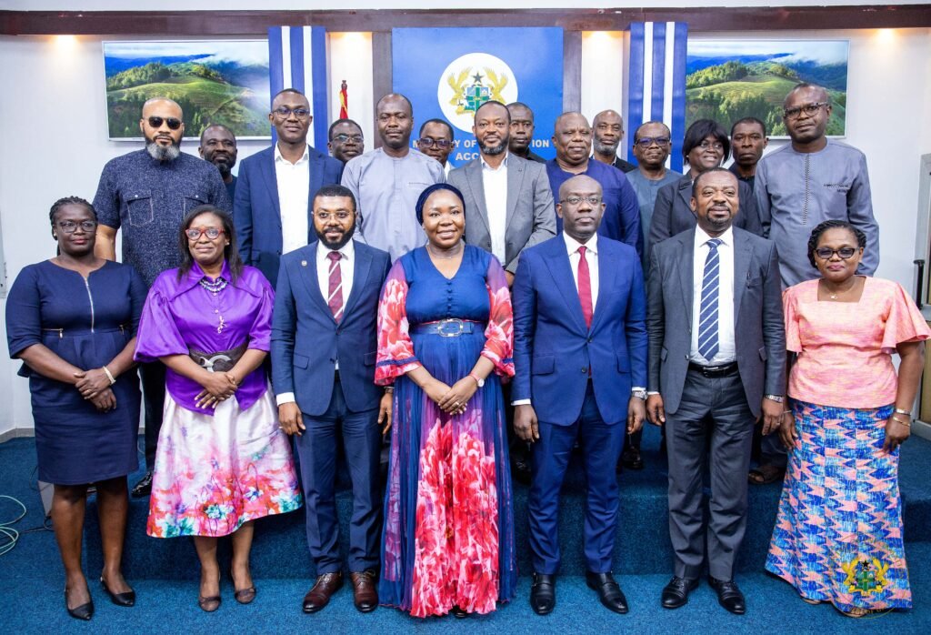 •&#xA;Mr Kojo Oppong Nkrumah (third from right), Ms Fatimatu Abubakar (fourth from left) with other dignitaries after the presser Photo: Stephanie Birikorang