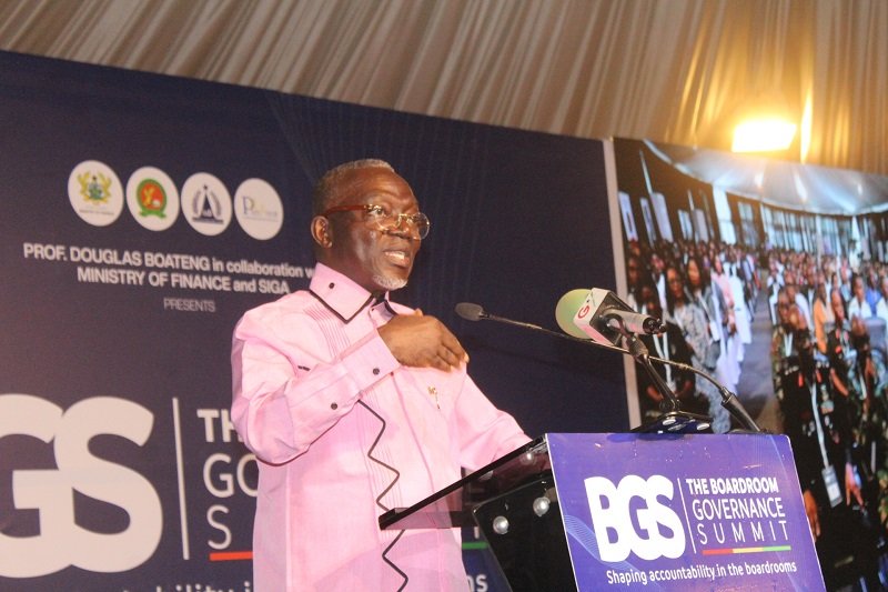• Prof. Douglas Boateng (inset) addressing participants in the Boardroom Governance Summit Photo: Ebo Gorman