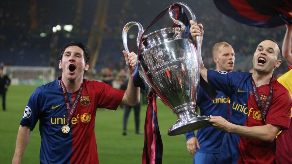 Messi celebating the 2009 Champions League success Iniesta during their Barcelona days
