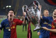 Messi celebating the 2009 Champions League success Iniesta during their Barcelona days