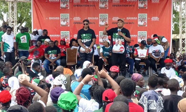 • Mr Ablakwa with his wife addressing party supporters after the Victory Walk