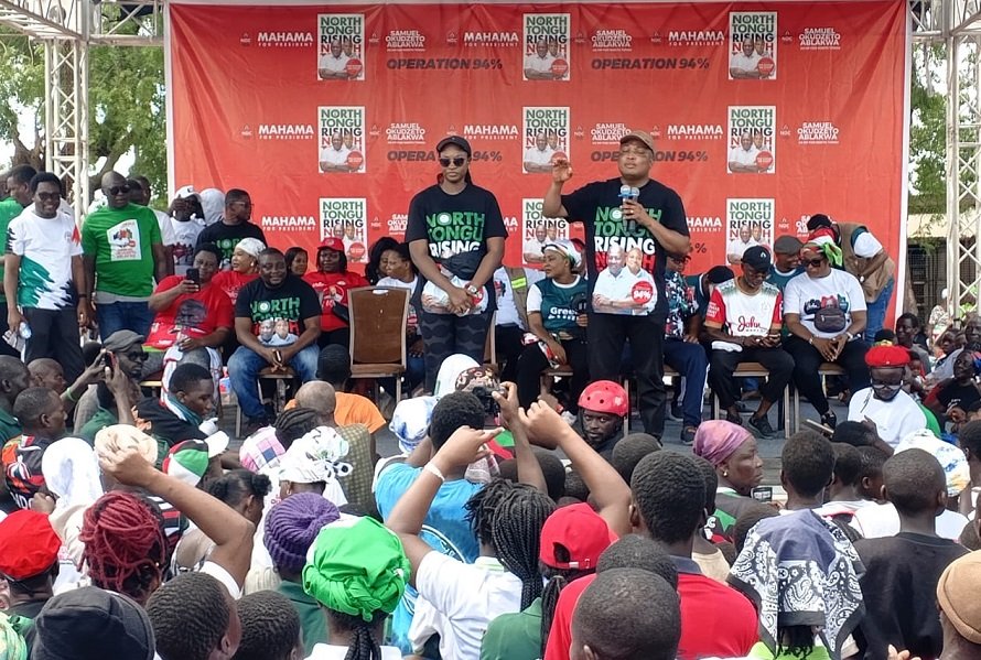 • Mr Ablakwa with his wife addressing party supporters after the Victory Walk