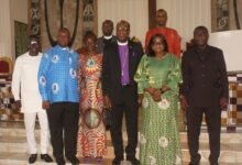 Mrs Lucille Hewlette Annan(2nd from right), Rt Rev Dr Hilliard Dogbe, (middle) Dr Bossman Asare (right) with some of the clergy at the forum