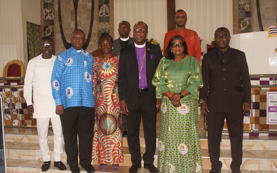 Mrs Lucille Hewlette Annan(2nd from right), Rt Rev Dr Hilliard Dogbe, (middle) Dr Bossman Asare (right) with some of the clergy at the forum