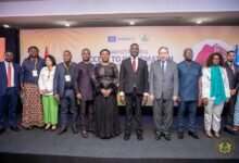 • Dr Yaw Osei Adutwum (middle), Mr Tawfik Jelassi (fourth from right) with some ministers of state and other dignitaries at the programme