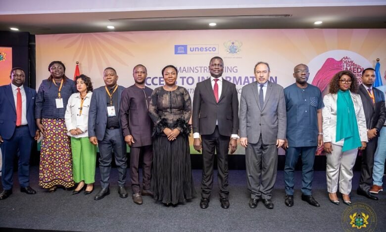 • Dr Yaw Osei Adutwum (middle), Mr Tawfik Jelassi (fourth from right) with some ministers of state and other dignitaries at the programme