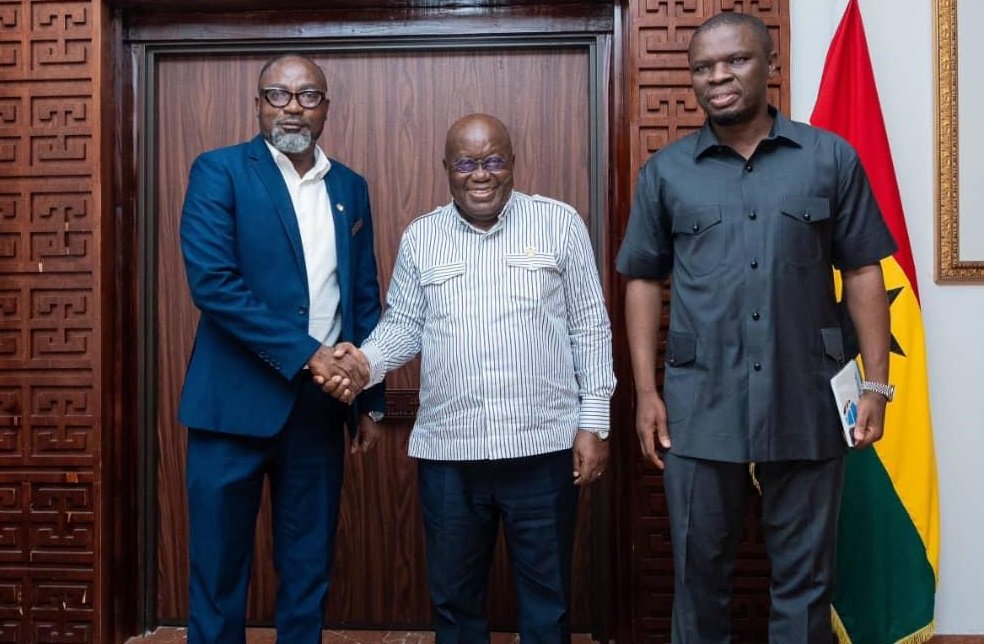 • President Akufo-Addo (middle) in a handshake with Mr Asibey while Mr Ussif looks on