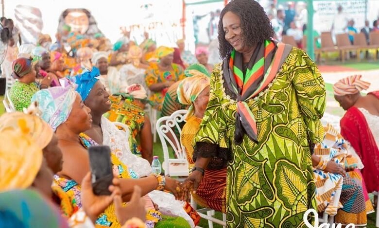 • Prof. Opoku-Agyemang (right) exchanging greetings with queenmothers at the campaign tour