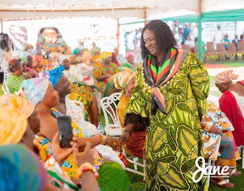 • Prof. Opoku-Agyemang (right) exchanging greetings with queenmothers at the campaign tour